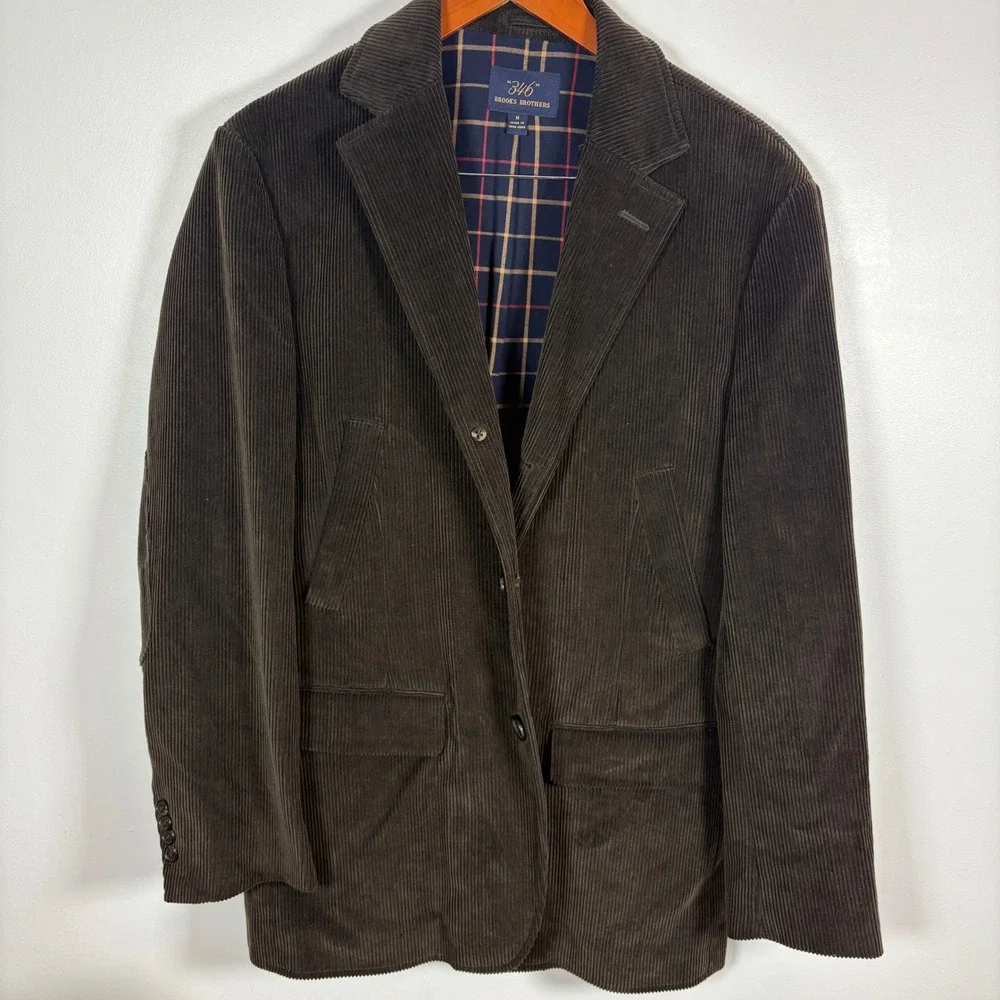 Brooks Brothers 346 Mens Brown Corduroy Blazer Elbow Patches Plaid Lined Medium
